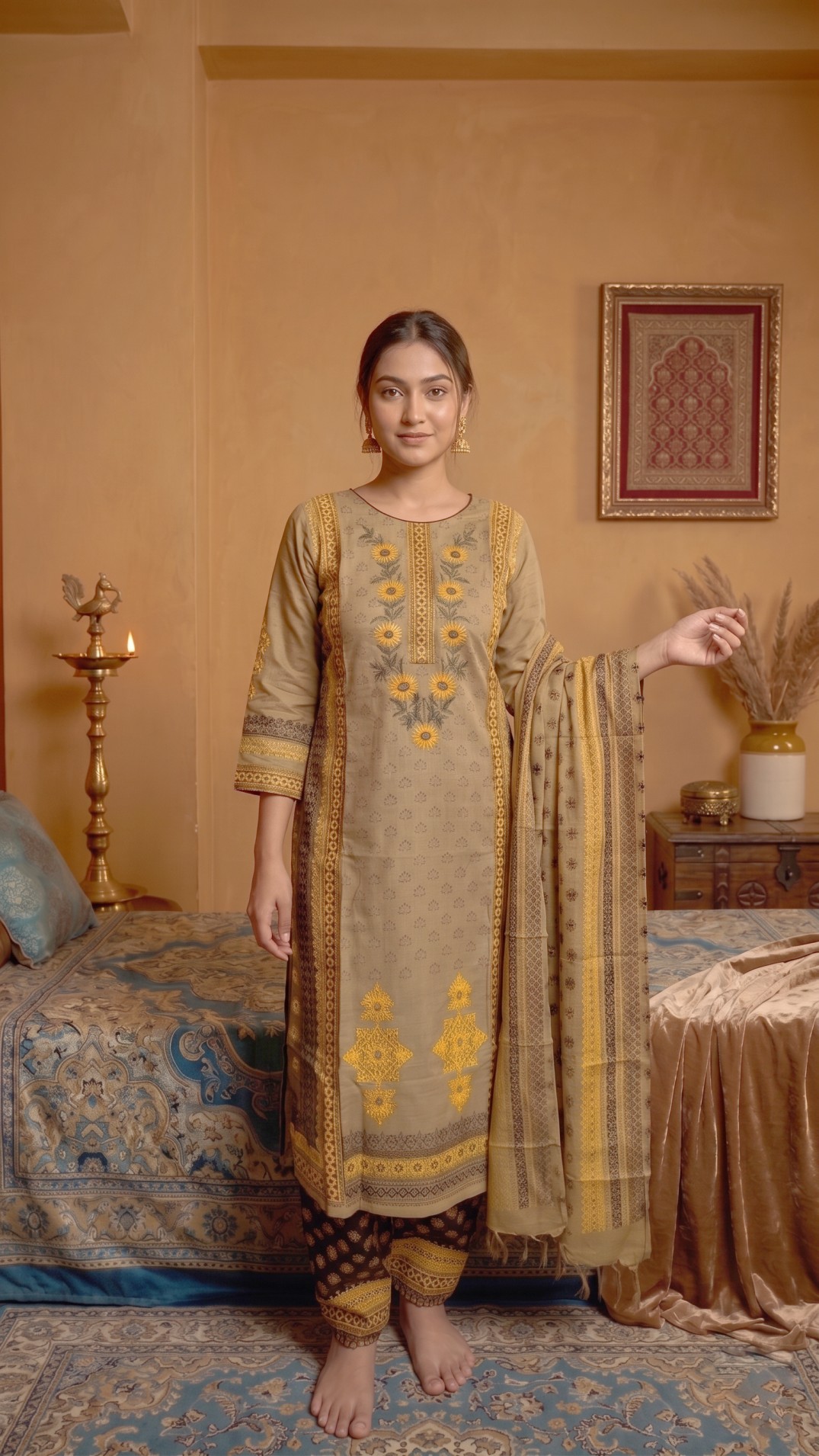 Coffee Gold Floral Embroidery Cotton Three-Piece